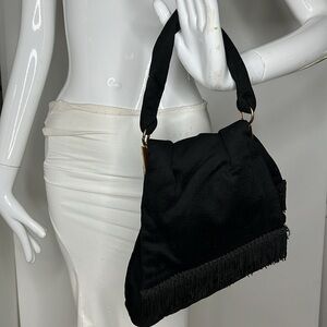 1940s Avant Garde Black Wool Modernist Asymmetric Purse with Two Fringed Flaps